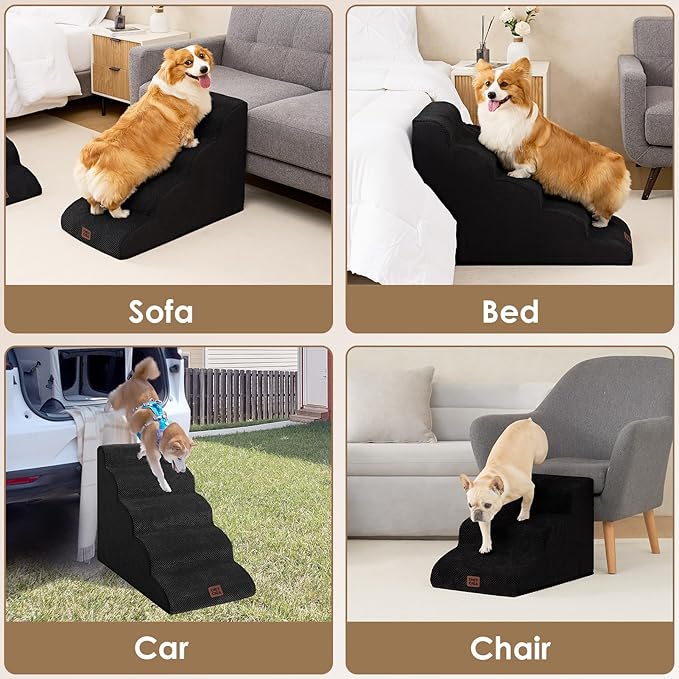 EHEYCIGA Curved Dog Stairs Ramp for High Beds 22.6" H, 5-Step Dog Steps for Small Dogs and Cats, Pet Stairs for High Bed Climbing, Non-Slip Balanced Pet Step Indoor, Black