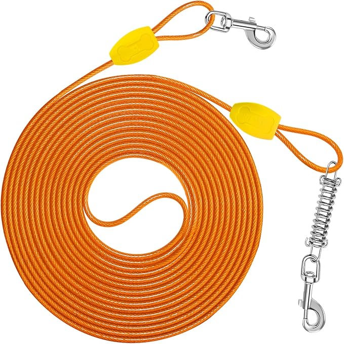 Petbobi Dog Tie-Out Cable 20ft - Heavy-Duty 4mm Metal Cable up to 120lbs, Shock Spring & 360° Swivel Clips, for Yard Camping, Small Medium Large Pets, Orange