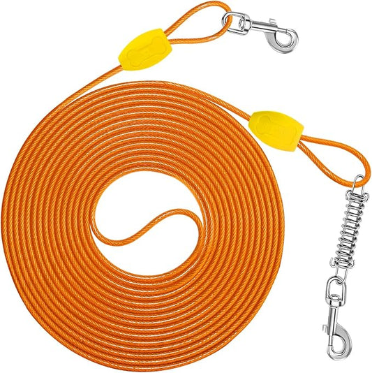 Petbobi Dog Tie-Out Cable 20ft - Heavy-Duty 4mm Metal Cable up to 120lbs, Shock Spring & 360° Swivel Clips, for Yard Camping, Small Medium Large Pets, Orange