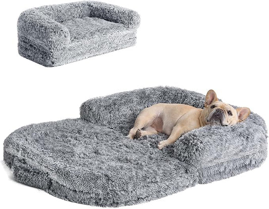 EHEYCIGA Foldable Dog Bed, Faux Fur Fluffy Dog Couch Bed, Orthopedic Calming Memory Foam Pet Bed for Small Dogs, Washable Soft Warm Pet Sofa Bed with Non-Slip Bottom, Grey, 40"x30"x6"