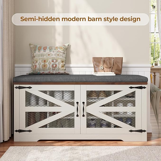 Farmhouse Storage Bench with Cushion, Metal and Wood Shoe Rack Organizer, Adjustable Shelf, Shoe Cabinet with Half Hidden Storage Space, for Entryway, Bedroom, Living Room (Old White, 43.3in)