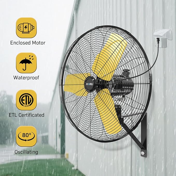 8800 CFM 24" Outdoor Commercial Wall Fan Oscillating, IP44 Waterproof Wall Mount Fan, Heavy Duty, 3 Speed, Adjustable Tilt for Factory, Warehouse, Garage, ETL Listed