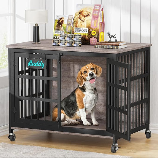EasyCom 41"/33"/27" Dog Crate Furniture with Name Tag, Heavy Duty Dog Kennel Indoor for Medium Dogs, Double-Doors Sturdy Metal Dog Cage for Anxiety Dog, Decorate House as TV Stand, End Table