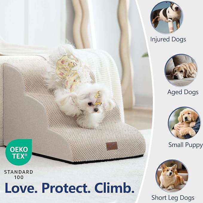 GoGoBunny Ramp Dog Stairs for High Beds 22.6" H, 5-Step Dog Slope Stairs with Durable Waterproof Fabric Cover, Pet Steps for Old Large Dogs Climbing, Non-Slip Sturdy Indoor Step, Beige