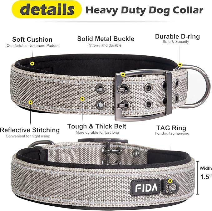 Fida Heavy Duty Dog Collar 1.5” Width, Ultra Soft Neoprene Padded, Adjustable Reflective Nylon Pet Collar with Two Metal Pin Belt Buckle for Large/X-Large Breeds (XL, Grey)