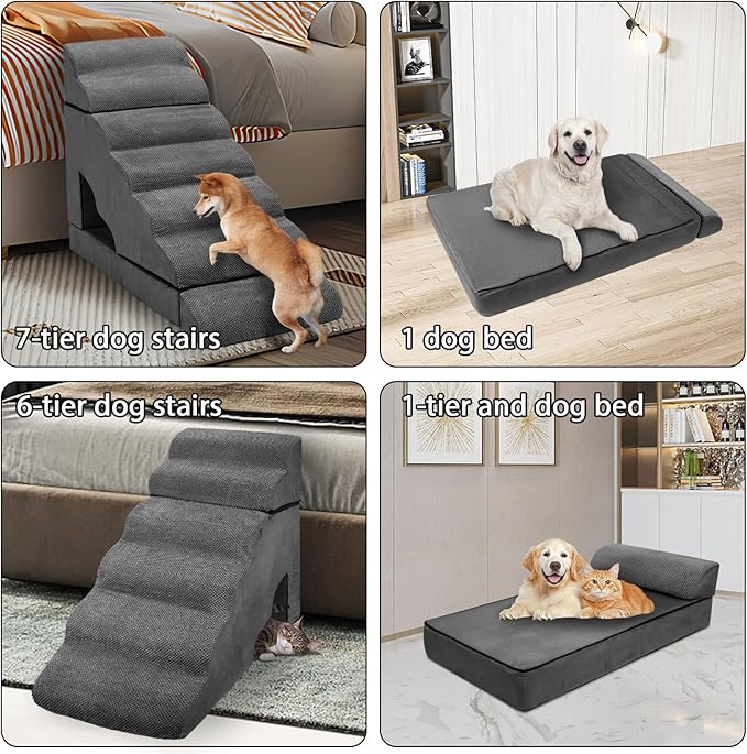 Foam Dog Stairs & Steps Ramps for High Beds 30-36 inches High Tall Large Dogs, LitaiL 7 Step Pet Stairs Steps for High Beds 30 inch Small Dogs, Non-Slip Dog Ramps for Bed