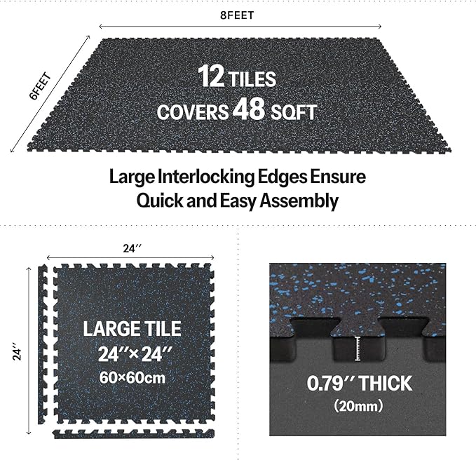 AIRHOP 0.79in Thick 48 Sq Ft Exercise Equipment Mats, 12 Tiles Upgraded Rubber Top with High Density EVA Foam, Large Interlocking Puzzle Gym Flooring for Home Gym, Heavy Weight Workout,Black & Blue