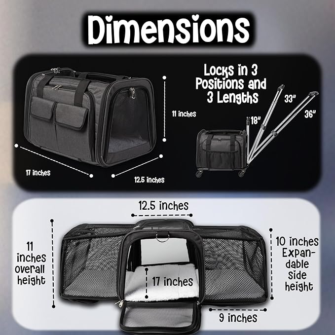 Pet Carrier with Wheels | United Delta American Frontier Airline Approved | Two Expandable Sides, Storage Pockets Adjustable Leash | Rolling Dog and Cat Carrier TSA Compliant (Charcoal)