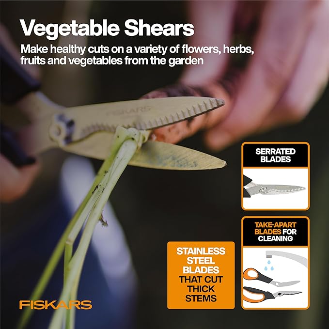 Fiskars Vegetable Garden Tool Set with Vegetable Shears, Seed Sower, Trowel, Cultivator, Weeder, and L/XL Garden Gloves for Indoor or Outdoor Gardening (6 Piece Kit), Gardening Gifts for Women