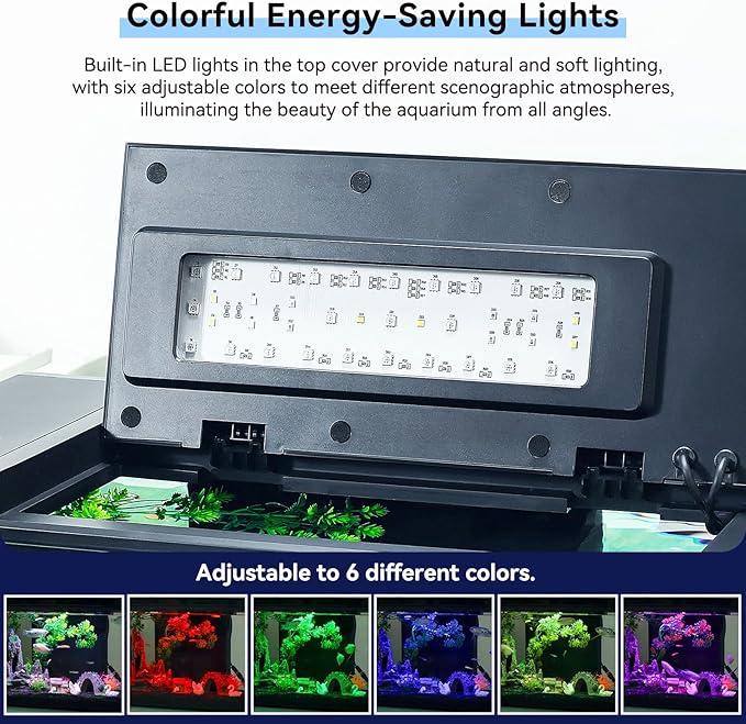 8 Gallon Aquarium Kit Featuring Real-Time Temp Display, Adjustable Flow Pump, Bottom Storage, Multi-Position Filter & 6 Light Modes - Complete Fish Tank Starter for Betta or Goldfish