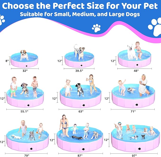 2025 Updated Foldable Dog Pool, 79" x 12" Kiddie Pool with Hard Plastic, Non-Slip Dog Bath Tub for Outdoor Backyard, Collapsible Dog Swimming Pool for Kids Dogs Pets (Pink)