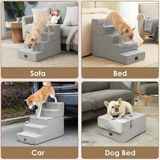 EHEYCIGA Dog Stairs for Bed 18" H, 4-Step Dog Steps for High Bed, Pet Steps for Small Dogs and Cats, Non-Slip Balanced Pet Ramp Indoor, Light Grey