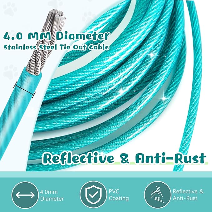Tie Out Cable for Dogs, 80FT Dog Leads for Yard Chew Proof, Heavy Duty Dog Tie Out Cable for Large Dogs Up to 125lbs, Durable Dog Runner for Yard or Camping