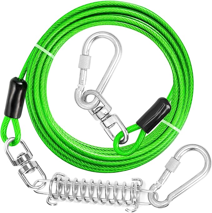 jenico Dog Tie Out Cable - 25ft Dog Lead for Yard - Heavy Duty Dog Chain with Shock Spring - Outdoor Tether Leash for Small Large Dogs Up to 500 lbs