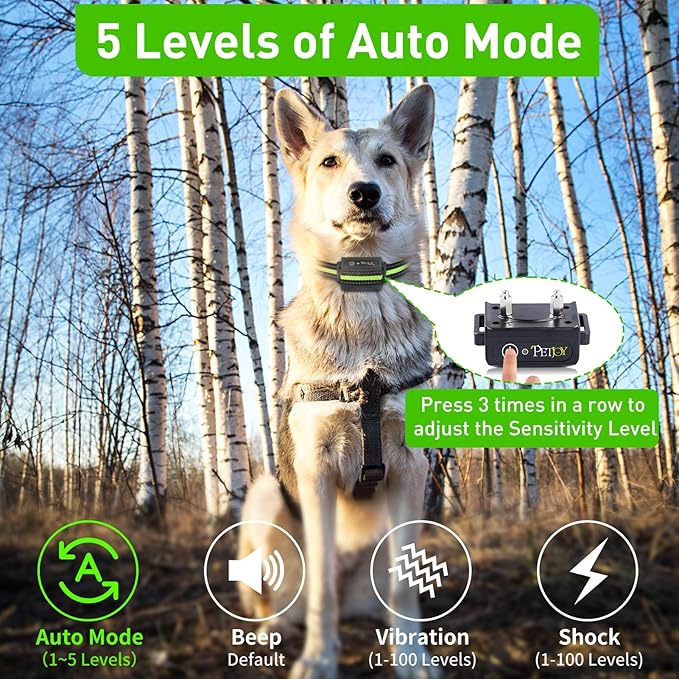 PetJoy Automatic Bark Collar for 3 Dogs, Auto Bark and Training Collar Combo, Shock Collar with Remote and Auto Modes, Shock Collar with Auto Mode (Level 1-5) - Remote 3300 Ft