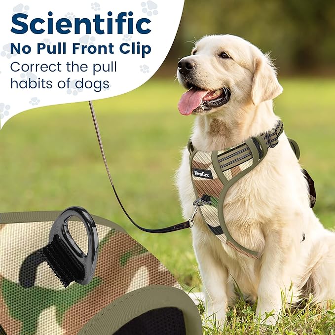 Funfox Dog Harness No Pull, Adjustable Pet Vest Harness, Super Soft Material with Vertical Handle Easy Control, Reflective Night Walking, 2 Leash Clips for Large Dogs, Camo Green, L