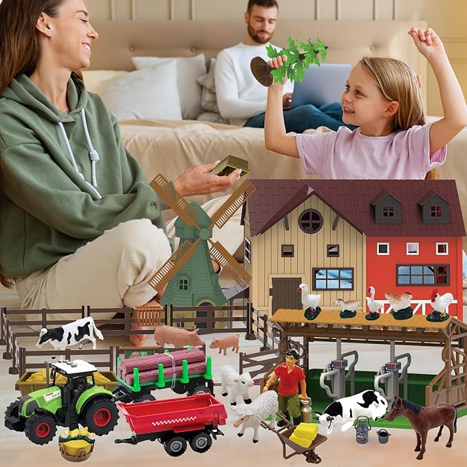 136PCS Farm Animals Toys Set Comes with Barn, Tractor Trailer, Milking shed, Windmill, Farmer, Fence - Playset for Kids Toddlers Boys Girls 5+ Years Old