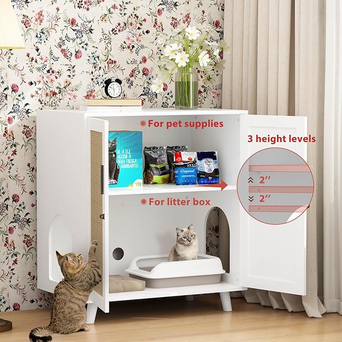 Lovinouse Large Cat Litter Box Enclosure,Hidden Kitty Litter Furniture with Sisal Covered Doors,2-Layer Wooden Cat Washroom Cabinet w/Adjustable Shelf, Side Table for Living Room,White