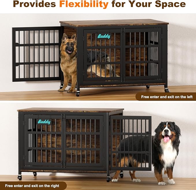 EasyCom 48"/42"/33" Dog Crate Furniture with Name Tag, Heavy Duty Dog Kennel Indoor for Large Dogs, Escape-Proof and Chew-Proof Dog Cage for high Anxiety Dog, Decorate House as TV Stand, End Table