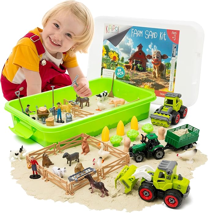 59 PCS Farm Sensory Bin Sandbox with Lid, 2.2 LB Sensory Sand, 40 Toddler Farm Toys, 3 Take Apart Construction Trucks -Sensory Toys for Kids 5-7, 3-4 & Up- Kids Gifts for Boys and Girls