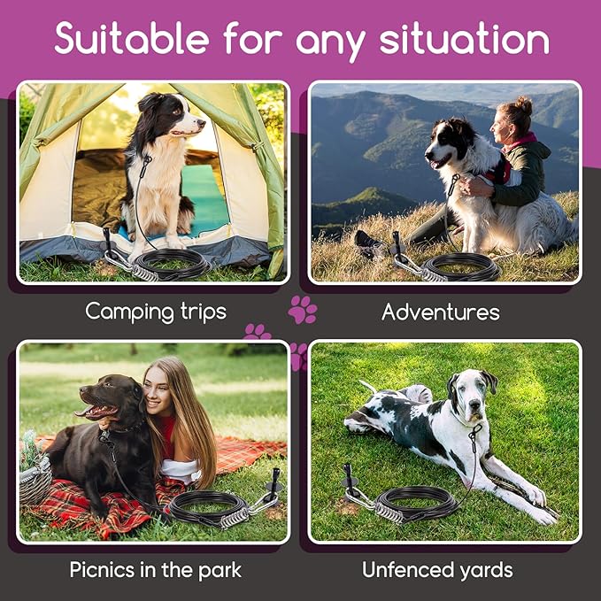 Heavy Duty Dog Tie Out Cable 30ft with Stake - 360° No Tangle Swivel, Spiral Anchor for Dogs up to 210 lbs, Yard Camping Use