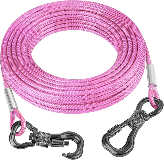 Tresbro 70FT Reflective Tie Out Cable for Dogs Up to 250 Pounds, Steel Wire Lead Leash Cable with Stainless Rotatable Buckle, Lightweight and Enduring, Dog Chains Outside for Outdoor, Yard, Pink