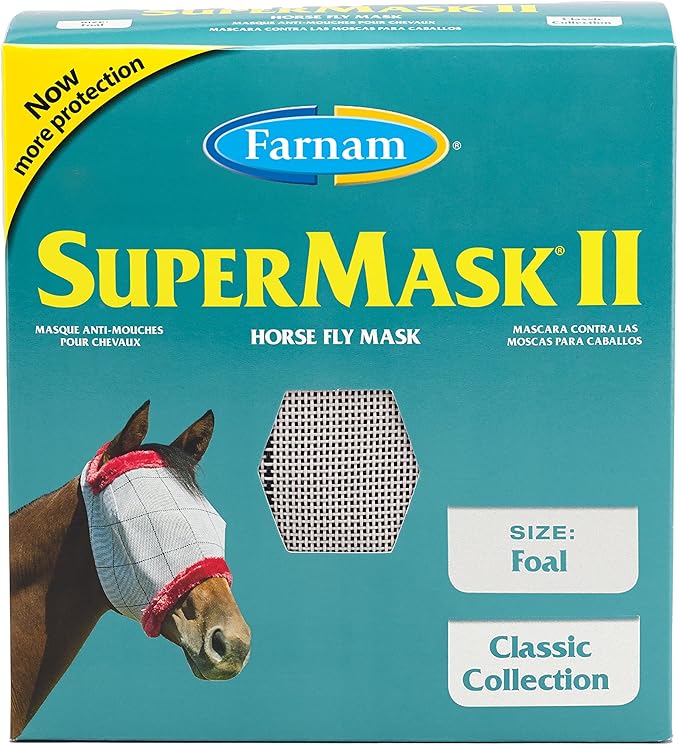 Farnam SuperMask II Fly Mask Without Ears for Foals, Full Face Coverage and Eye Protection from Insect Pests, Structured Classic Styling Mesh with Plush Trim, Foal Size