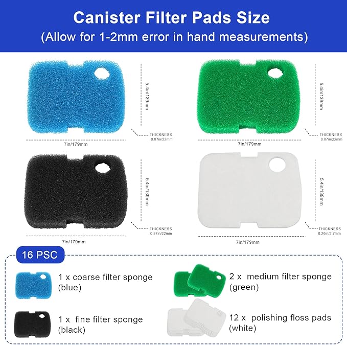 16 PCS Replacement Canister Filter Media Pad Compatible with Penn Plax Cascade 700/1000 CCF2UL/CCF3UL, Aquarium Bio Floss Pads Part, Activated Carbon Sponge Filters Pads for Fish Tank