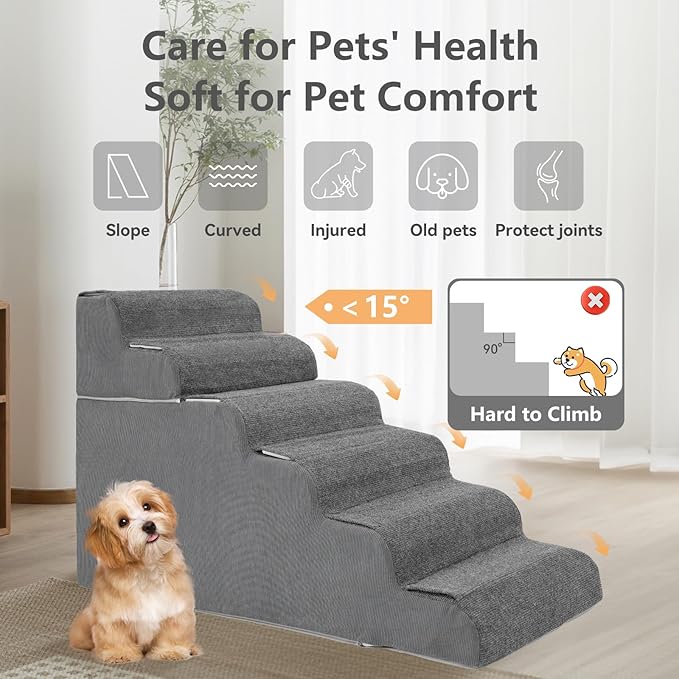 ABORON 𝟲 𝗦𝘁𝗲𝗽𝘀 Dog Steps for High Bed, 26 Inch High Dog Stairs for Small Dogs, Waterproof Pet Stairs for Small Old Large Dogs and Cats with Removable Cover & PE Support Board for Bed/Car/Couch