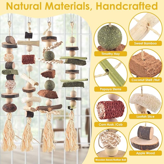 4 Pcs Bunny Chew Toys for Teeth, Hanging Rabbit Chewing Toy Treats with Timothy Grass & Natural Apple Wood, Improve Small Rodent Dental Health for Guinea Pig Hamster Chinchilla Rat Gerbil