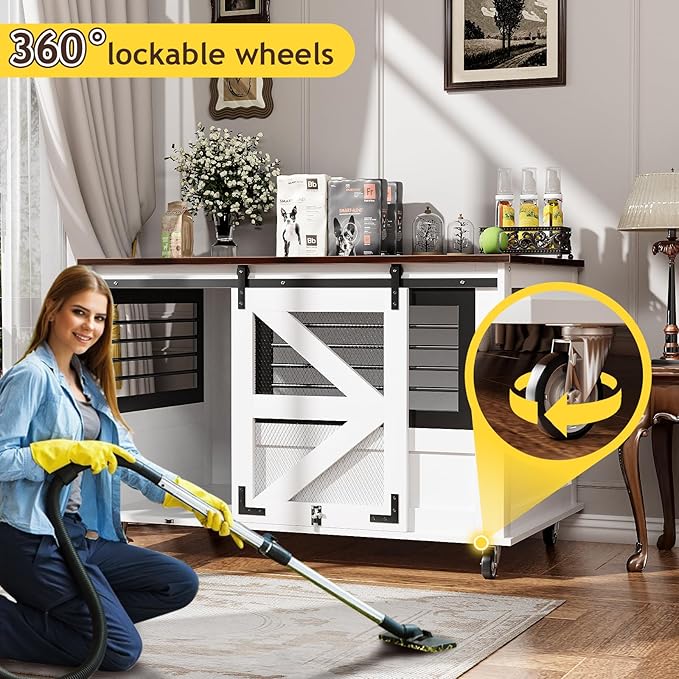 47 inch XL Dog Crate Furniture with Top-Access Teasing/Feeding Doors, Farmhouse Wooden Decorative Dog Crates with Wheels, Chew-Resistant Dog Crates End Table for Medium&Large Dogs, White