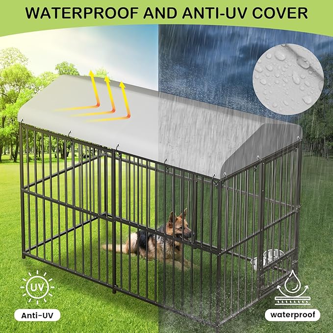 8x4x6 FT Outdoor Dog Kennel,Heavy-Duty Enclosures Outside with UV-Resistant Waterproof Roof Cover and Lock,for Medium and Large Dogs,Easy Assembly