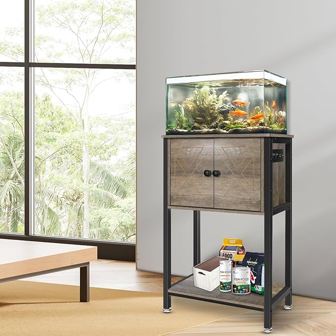 5-10 Gallon Fish Tank Stand, Heavy Duty Aquarium Stand with Cabinet & Power Outlets for Fish Tank Accessories Storage, Double Tank Stand 20.5" L* 11" W Tabletop, 220LBS Capacity, Grey