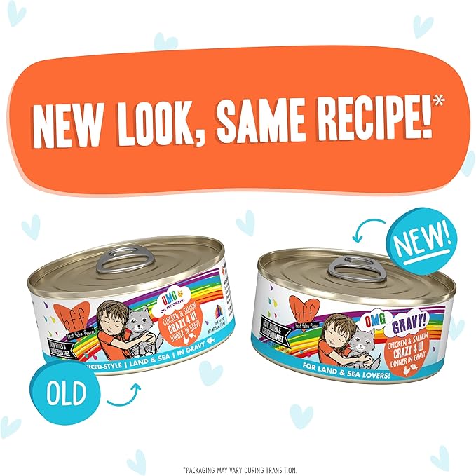 Weruva B.F.F. OMG - Best Feline Friend Oh My Gravy! Grain-Free Wet Cat Food Cans, Crazy 4 U! Chicken & Salmon, 5.5-Ounce Can (Pack of 8)