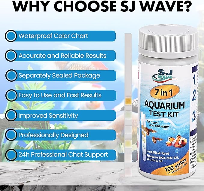 7 in 1 - Aquarium Test Strips | 100 Fast & Accurate Strips | Fish Tank Aquariums Water Test Kit & ebook | Aquarium Thermometer | Fish Tank Water Testing Kit for Fresh & Saltwater | Versatile Usage