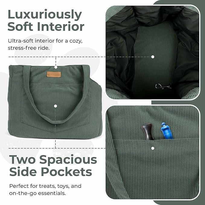 Corduroy Dog Carrier - Lightweight Cotton Soft-Sided Pet Tote with Safety Harness Clip - Breathable Travel Carrier for Small Dogs and Puppies (Green)