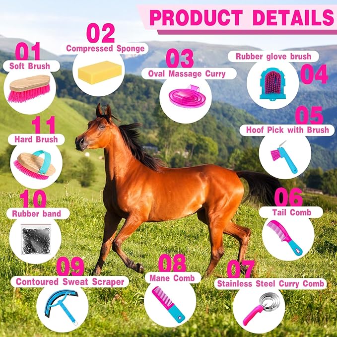 Abbylike 12 Pieces Horse Grooming Kit Racing Festival Tack Room Supplies Horse Brush Sets Equine Care Cleaning Kit Shedding Grooming Massaging Tools(Rose Red)