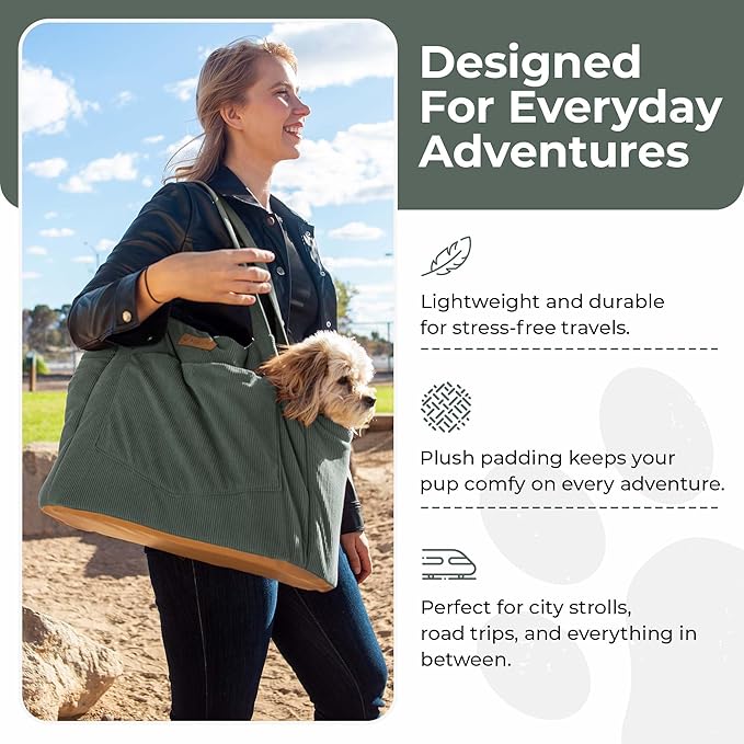 Corduroy Dog Carrier - Lightweight Cotton Soft-Sided Pet Tote with Safety Harness Clip - Breathable Travel Carrier for Small Dogs and Puppies (Green)