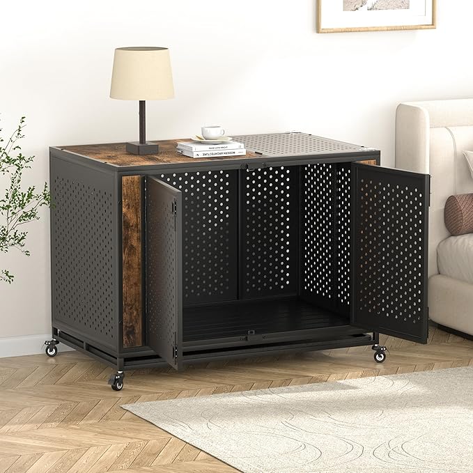 48" Heavy Duty Dog Crate Furniture for Extra Large Dogs, Enclosed Design with 0.5 inch Holes, Indestructible Metal Kennel for High Anxiety Dogs, Chew Proof Pet Cage House Indoor, Brown
