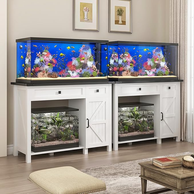 40 Gallon Aquarium Stand With Charging Station, Farmhouse Fish Tank Stand, Reptile Tank Stand Terrarium Stand with Drawer and Cabinet Storage, Sturdy Heavy Duty 41.9"×18.3" Tabletop - White