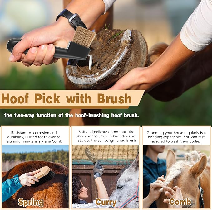 Abbylike 12 Pieces Horse Grooming Kit Racing Festival Tack Room Supplies Horse Brush Sets Equine Care Cleaning Kit Shedding Grooming Massaging Tools(Dark Gray)