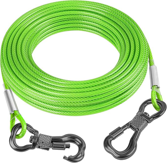 Tresbro 40FT Reflective Tie Out Cable for Dogs Up to 250 Pounds, Steel Wire Dog Leash Cable with Stainless Rotatable Buckle, Lightweight and Enduring, Dog Chains Outside for Outdoor Yard, Green
