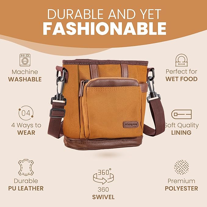 BEAU&FUR Large Dog Treat Pouch with Clicker for Training – 4 Cup Capacity, Built-in Poop Bag Dispenser, Expandable Pocket, Metal Buckle, Large Back Pocket, Ideal for Walks and Training – Light Brown