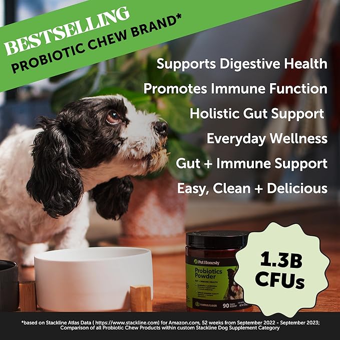 All-Natural Probiotic & Pumpkin Powder Dog Supplement - Prebiotics, Probiotics, Enzymes & Antioxidants for Healthy Gut Flora, Digestion & Immunity (90 Scoops)