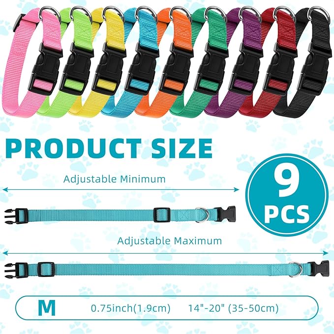 9 Pieces Adjustable Dog Collar for Animal, Soft Nylon Pets Puppy Collar with Quick Release Buckle Holder Bulk for Dogs Walking Running Training(Medium,Bright Colors)