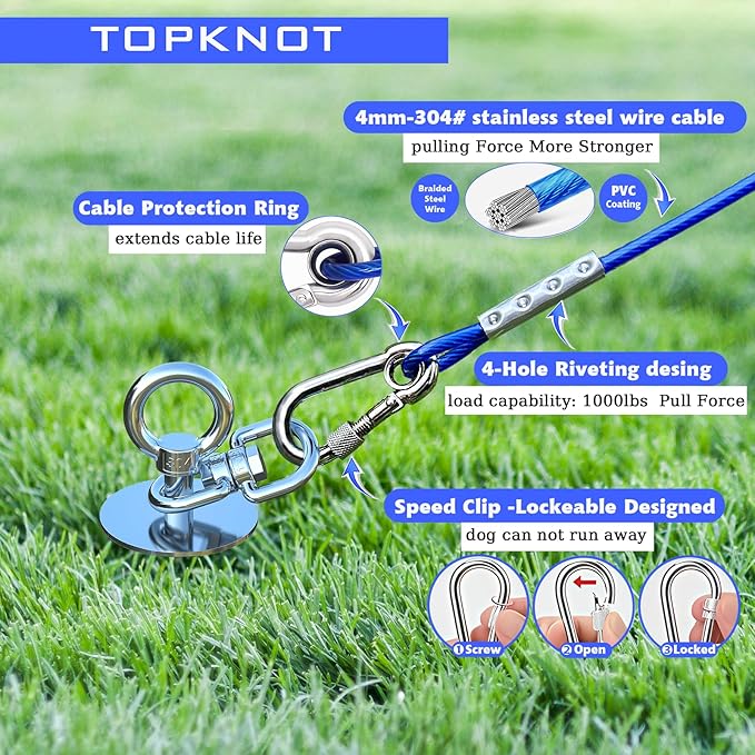 TOPKNOT Dog Tie Out Cable and Stake,360°Swivel Dog Run Anchor，with 30FT Heavy Duty Cable- No Tangle,Dog Runner for Yard - Up to 150LBS,Ideal for Outdoor Camping