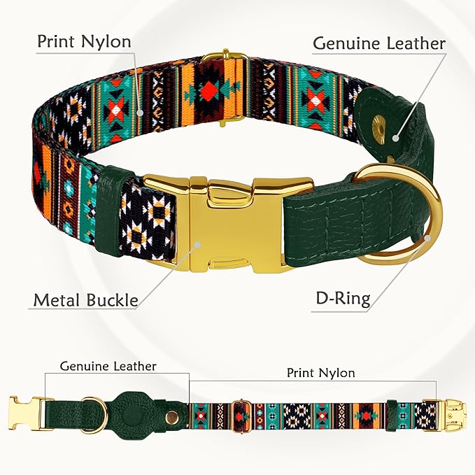 AirTag Dog Collar for Small Medium Large Breed - Adjustable Cute Pattern Dog Collar with Airtag Holder - Soft Leather Tracker GPS Apple Air Tag Pet Collars (X-Large, 20"-25" Neck Fit, Tribal)