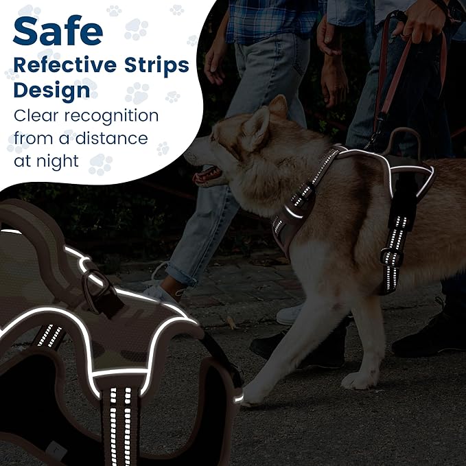Funfox Dog Harness No Pull, Adjustable Pet Vest Harness, Super Soft Material with Vertical Handle Easy Control, Reflective Night Walking, 2 Leash Clips for Small Sized Dogs, Camo Brown, S