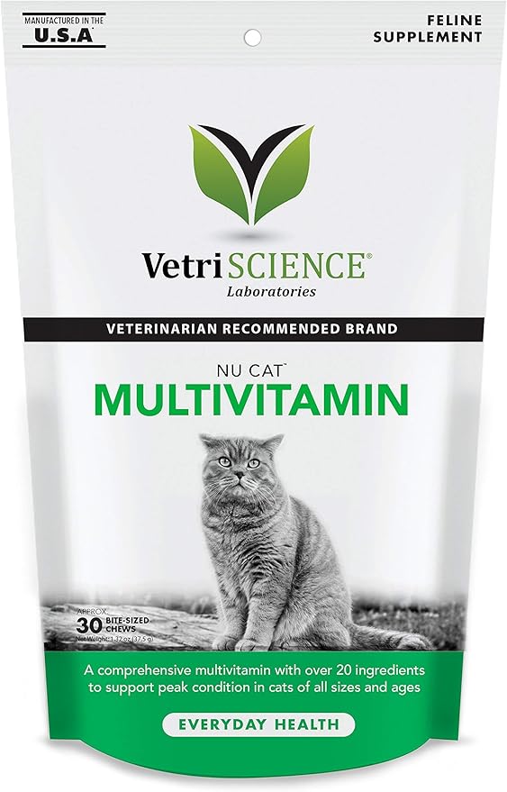VETRISCIENCE NuCat Multi Vitamin for Cats, 30 Chews - Complete MultiVitamin Supports Skin and Coat, Immune System, Eye Sight and Everyday Wellness
