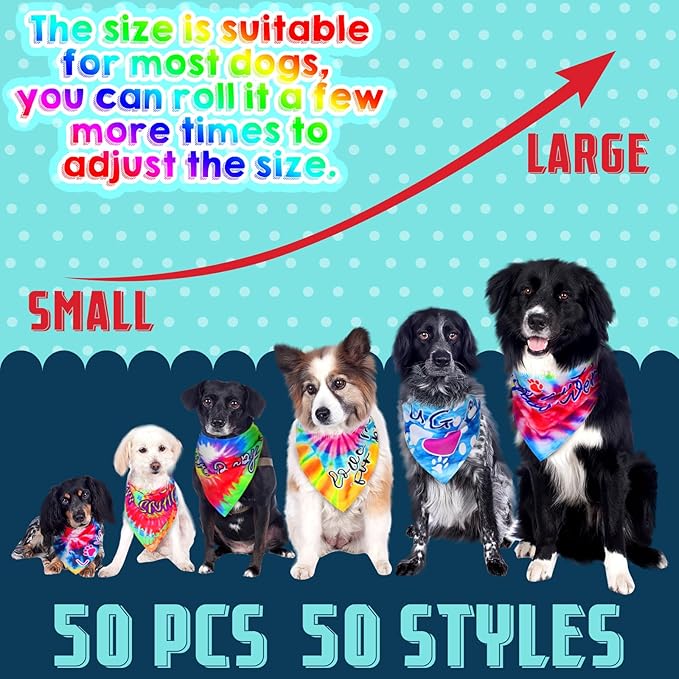 50 Pcs Tie Dye Dog Bandanas Bulk Pet Bibs Colorful Triangle Scarf Tie Dye with Sayings Pet Bandanas for Medium Large Dogs Spring Summer Birthday Costume Decor